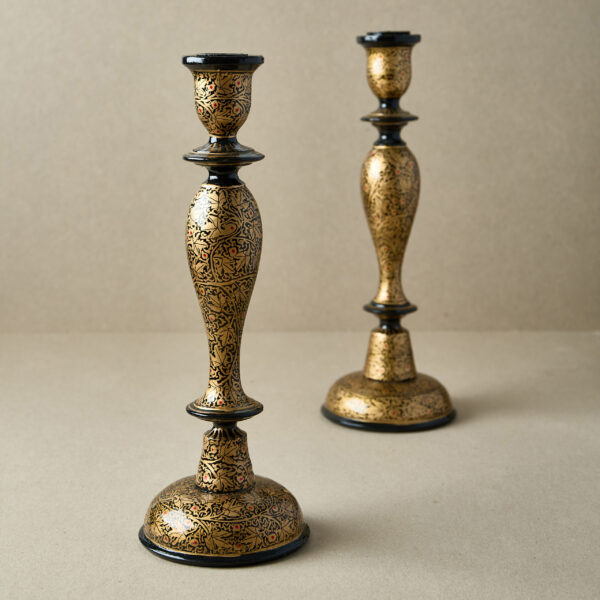 Hand-Painted Wooden Candle Stick Holder 12" | Black and Gold Leaf