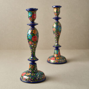 Hand-Painted Wooden Candle Stick Holder 12" | Dark Blue Floral