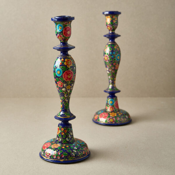 Hand-Painted Wooden Candle Stick Holder 12" | Dark Blue Floral Hand-Painted Wooden Candle Stick Holder 12" | Dark Blue Floral