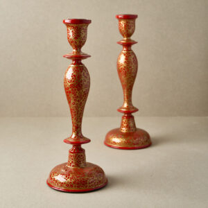 Hand-Painted Wooden Candle Stick Holder 12" | Red & Gold