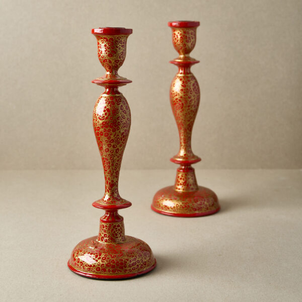 Hand-Painted Wooden Candle Stick Holder 12" | Red & Gold
