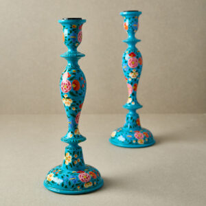 Hand-Painted Wooden Candle Stick Holder 12" | Turquoise Floral