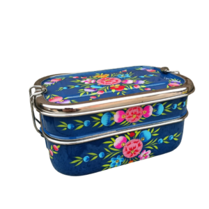Stainless Steel - Hand-painted Lunchbox - Dark Blue Floral Garland Design