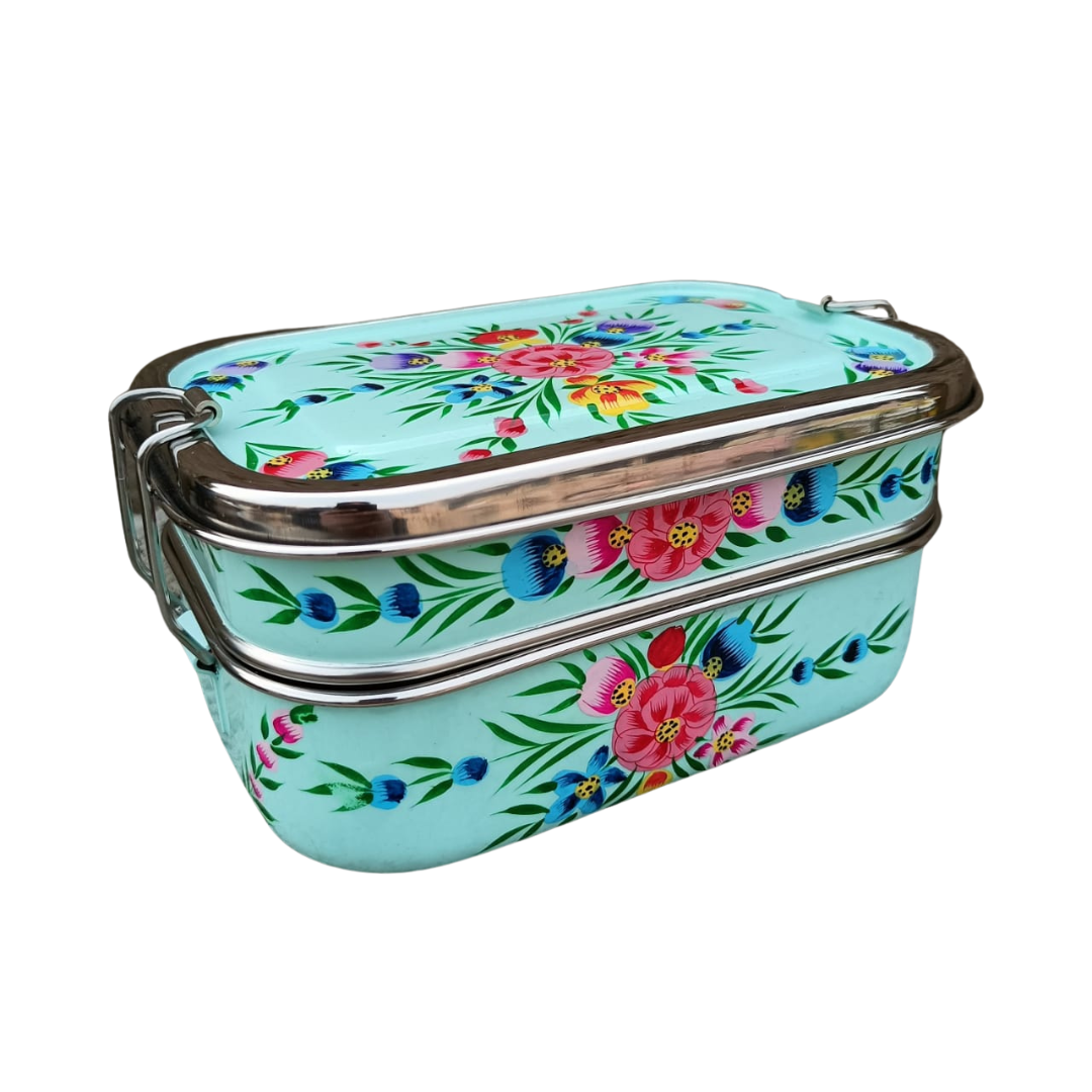 Stainless Steel – Hand-painted Lunchbox – Turquoise Floral Garland Design