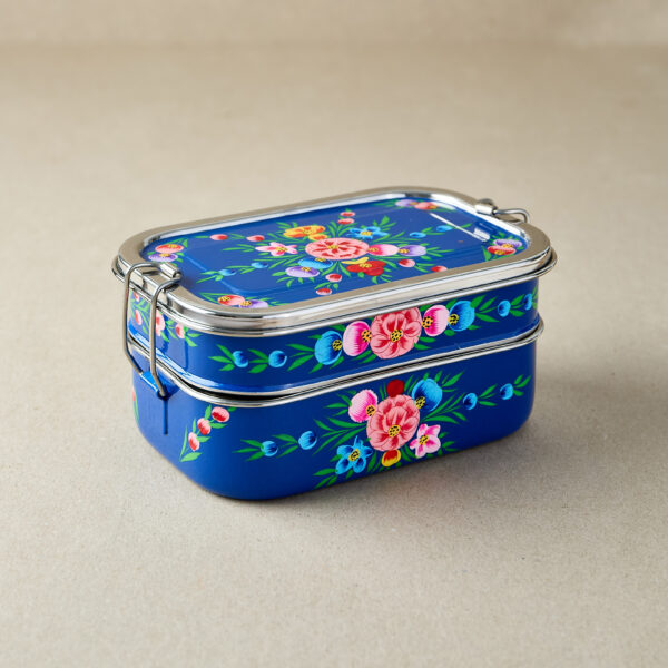 Tiffin_blue_garland Dark Blue Floral Garland | Stainless Steel - Hand-Painted Tiffin-Style Lunchbox
