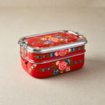Red Floral Garland | Stainless Steel - Hand-Painted Tiffin-Style Lunchbox