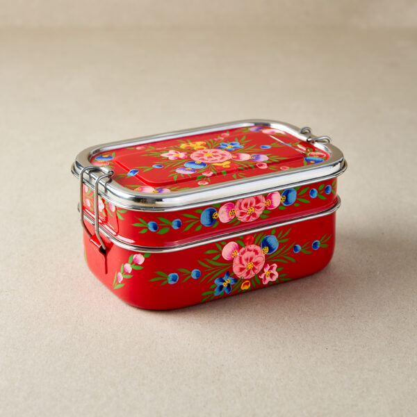 Red Floral Garland | Stainless Steel - Hand-Painted Tiffin-Style Lunchbox