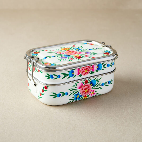 White Floral Garland | Stainless Steel - Hand-painted Tiffin-Style Lunchbox