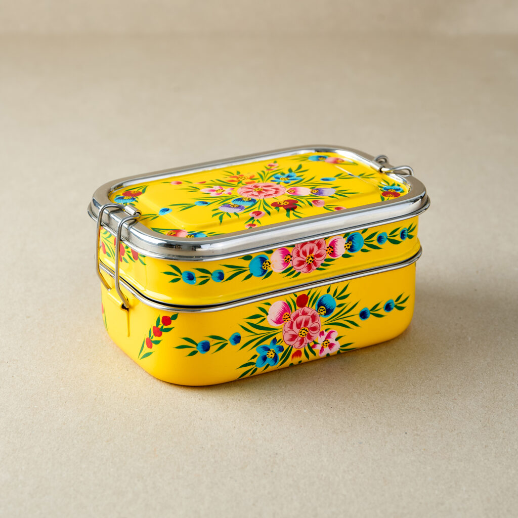 Yellow Floral Garland | Stainless Steel - Hand-Painted Tiffin-Style Lunchbox