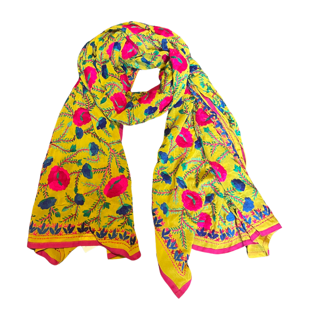 hand embroidered scarfs - Pink Flowers on Yellow