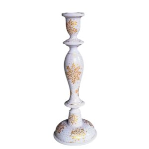 12\" Candle Stick Holder - White & Gold Christmas Snow Flake