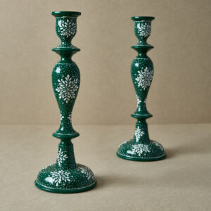 Dark Green & White Christmas Snow Flake | 12" Candle Stick Holder