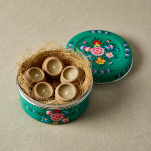 Hand-Painted Stainless Steel Container with x5 Rahul Terracotta Candles | Original Lavender Scent - Green